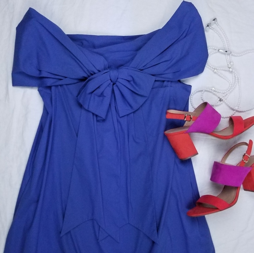 Vintage Jean Paul Gaultier Femme Off Shoulder Bow A-line Blue Dress Sz 12